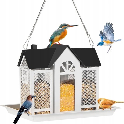 KARMNIK DLA PTAKÓW DOMEK OGRODOWY STOJĄCY DACH METALOWY biały