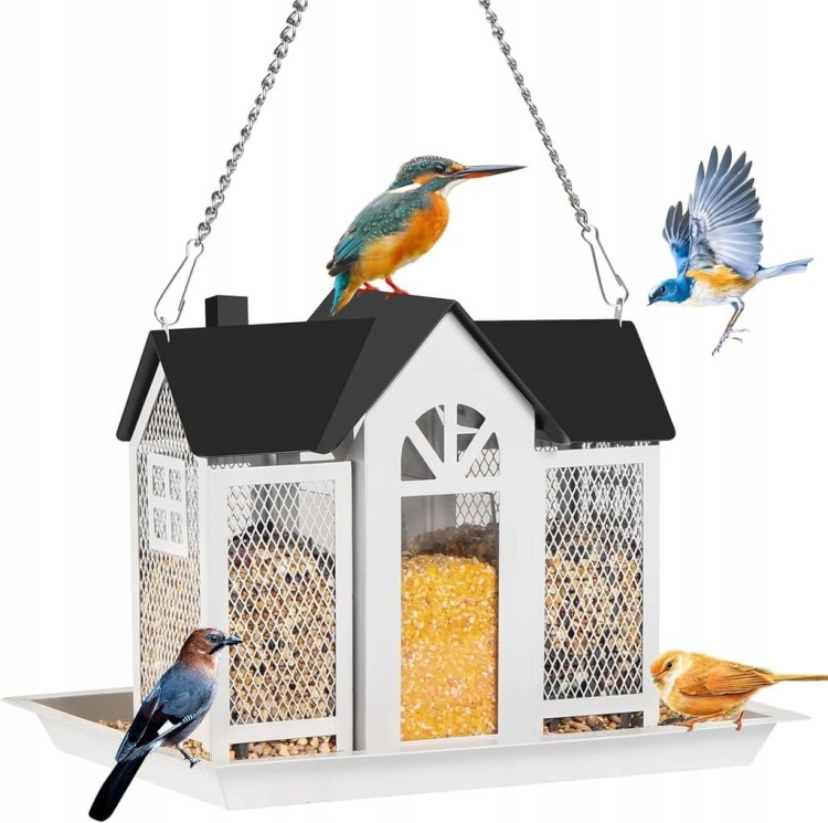 KARMNIK DLA PTAKÓW DOMEK OGRODOWY STOJĄCY DACH METALOWY biały
