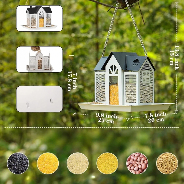 KARMNIK DLA PTAKÓW DOMEK OGRODOWY STOJĄCY DACH METALOWY biały