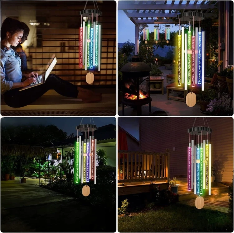 Dzwonki wietrzne ogrodowe solarne LED Metalowe wiszące Kolorowe światło