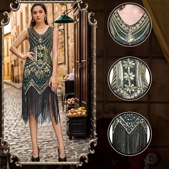 FEPITO Retro LATA 20-ste Sukienka damska +akcesoria Vintage XL FLAPPER