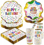 Zestaw Urodzinowy 50 el. dla 10 Osób Talerze Kubki Serwetki Słomki HAPPY