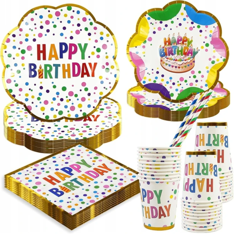 Zestaw Urodzinowy 50 el. dla 10 Osób Talerze Kubki Serwetki Słomki HAPPY