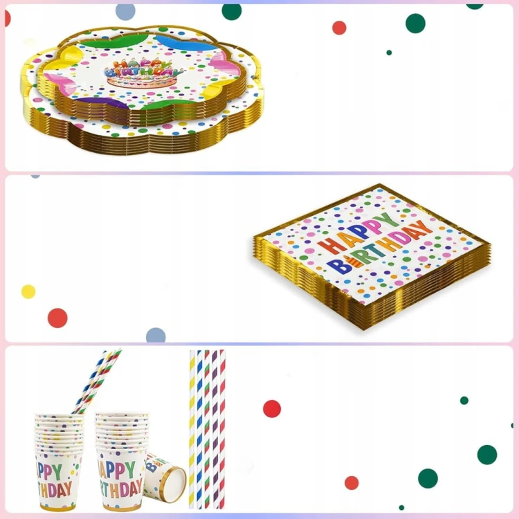 Zestaw Urodzinowy 50 el. dla 10 Osób Talerze Kubki Serwetki Słomki HAPPY