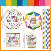 Zestaw Urodzinowy 50 el. dla 10 Osób Talerze Kubki Serwetki Słomki HAPPY