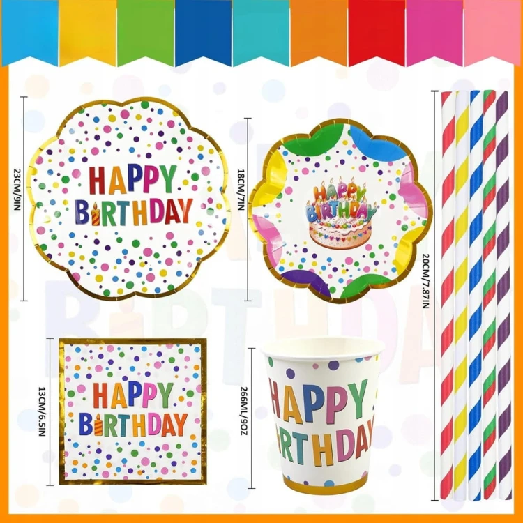Zestaw Urodzinowy 50 el. dla 10 Osób Talerze Kubki Serwetki Słomki HAPPY