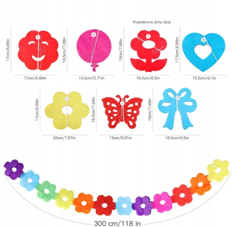 Girlanda papierowa wiosna urodzinowa kolorowa 7 styli każda 300cm