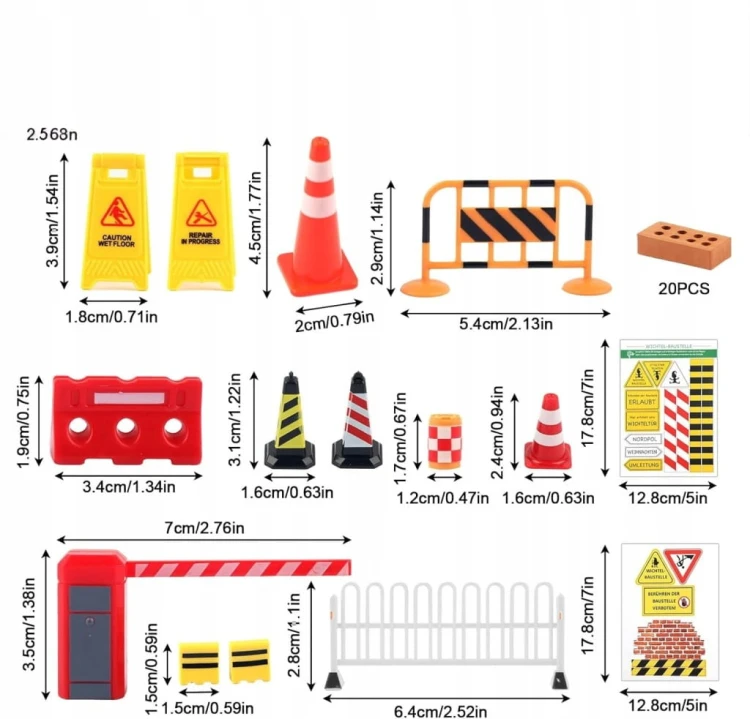 AKCESORIA NA PLAC BUDOWY 35 ELEMENTÓW DO ARANŻACJI NA BUDOWIE ZABAWA