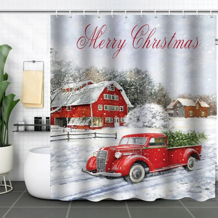 ZASŁONA PRYSZNICOWA TEKSTYLNA Wesołych Świąt z haczykami 180x180 cm święta