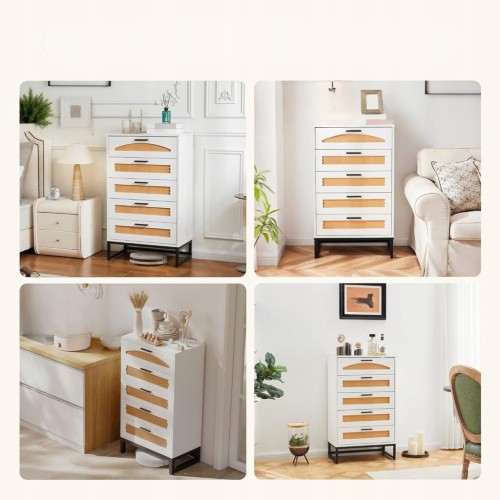 Biała komoda rattanowa MERICONIA 5 szuflad regał do przedpokoju salonu