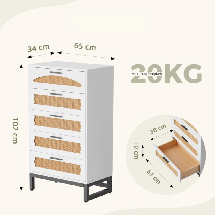 Biała komoda rattanowa MERICONIA 5 szuflad regał do przedpokoju salonu