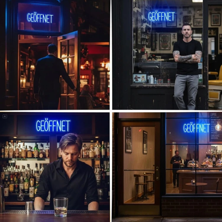 Neon LED Otwarte "GEOFFNET" Akrylowy Napis na Ścianę Lampa Dekoracyjna biel