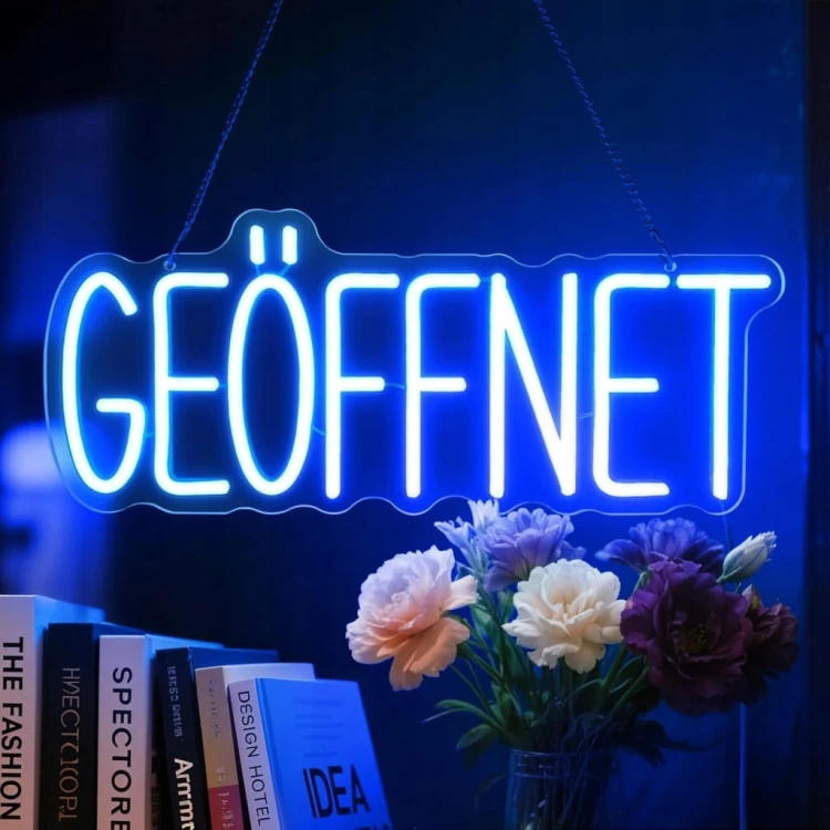 Neon LED Otwarte "GEOFFNET" Akrylowy Napis na Ścianę Lampa Dekoracyjna biel