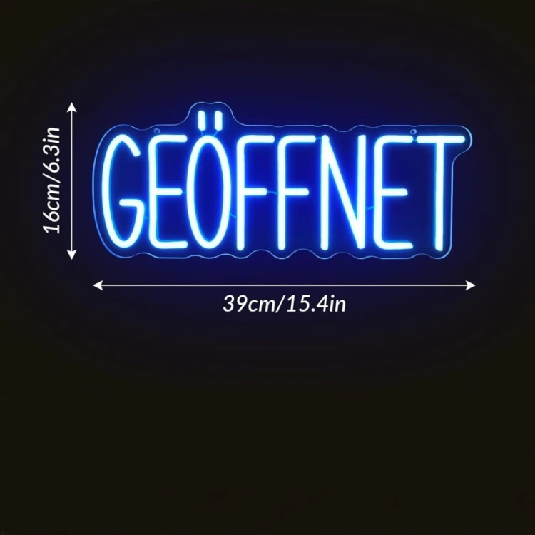 Neon LED Otwarte "GEOFFNET" Akrylowy Napis na Ścianę Lampa Dekoracyjna biel