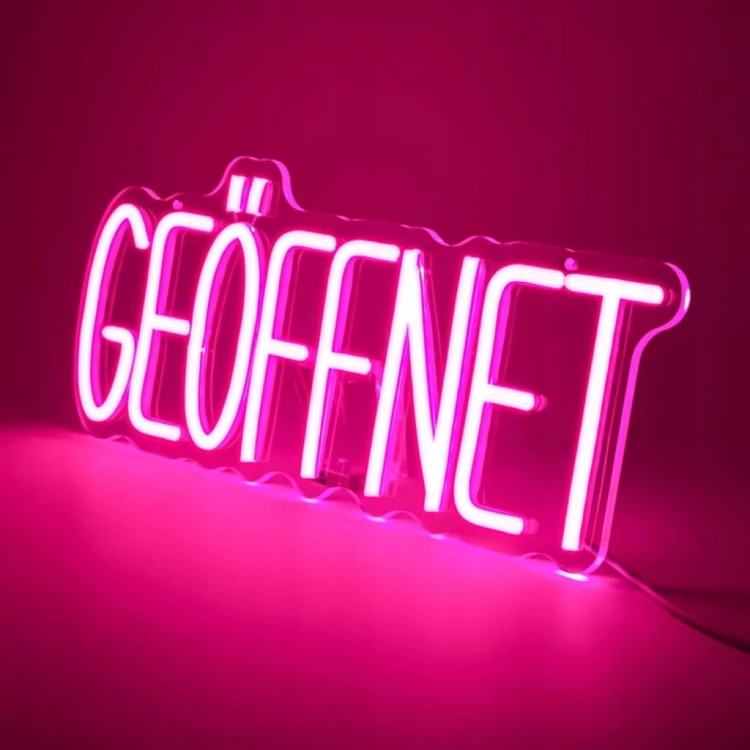 Neon LED Otwarte "GEOFFNET" Akrylowy Napis na Ścianę Lampa Dekoracyjna