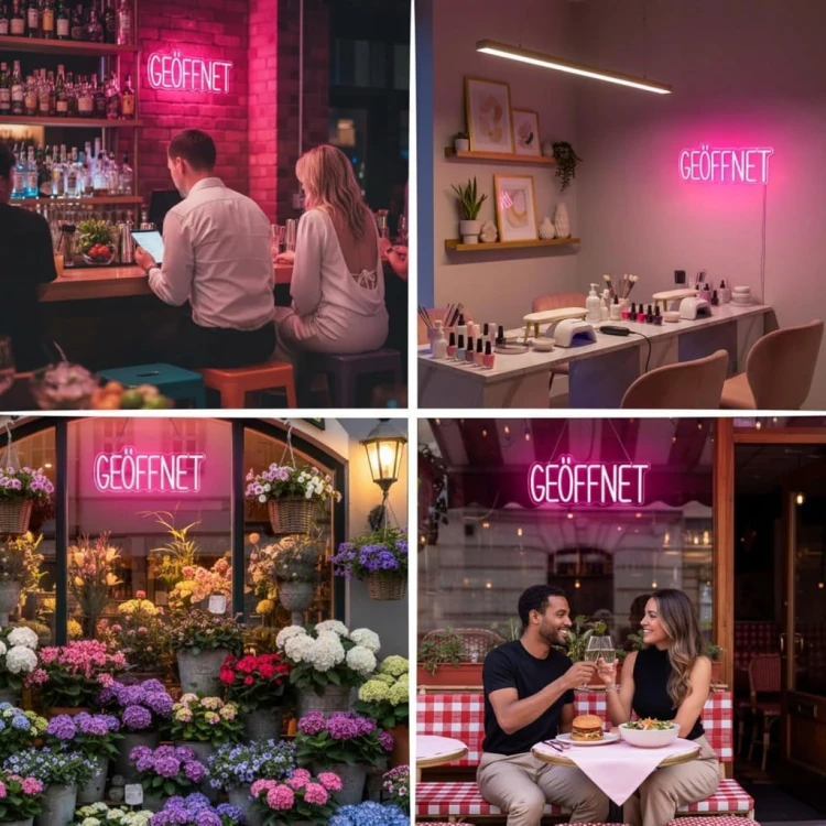 Neon LED Otwarte "GEOFFNET" Akrylowy Napis na Ścianę Lampa Dekoracyjna