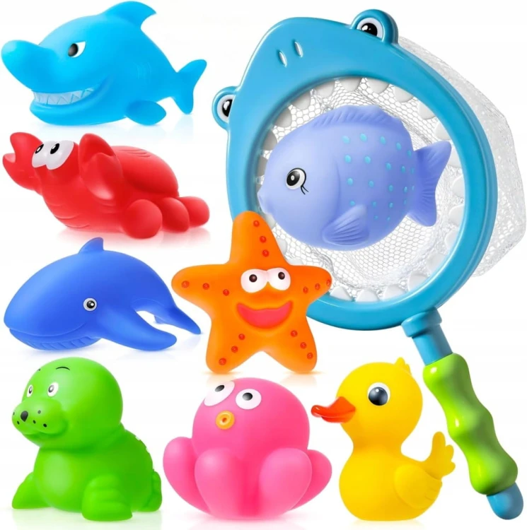 DUŻY ZESTAW ZABAWEK DO KĄPIELI Z SIATKĄ zabawki gumowe do wody basenu wanny