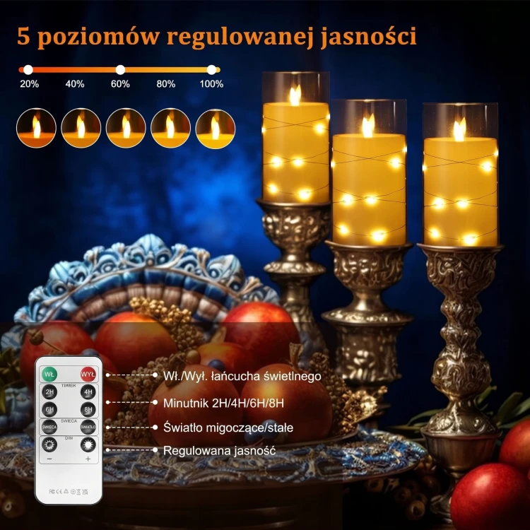 Bezpłomieniowe świece LED do ładowania, ze stacją ładującą i pilotem