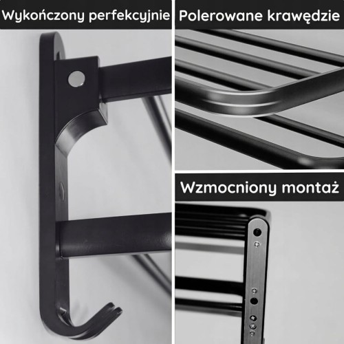 WIESZAK NA RĘCZNIKI ŁAZIENKOWY Z PÓŁKĄ ŚCIENNY CZARNY 59cm, 60cm