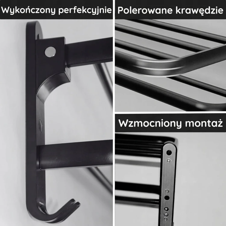 WIESZAK NA RĘCZNIKI ŁAZIENKOWY Z PÓŁKĄ ŚCIENNY CZARNY 59cm, 60cm