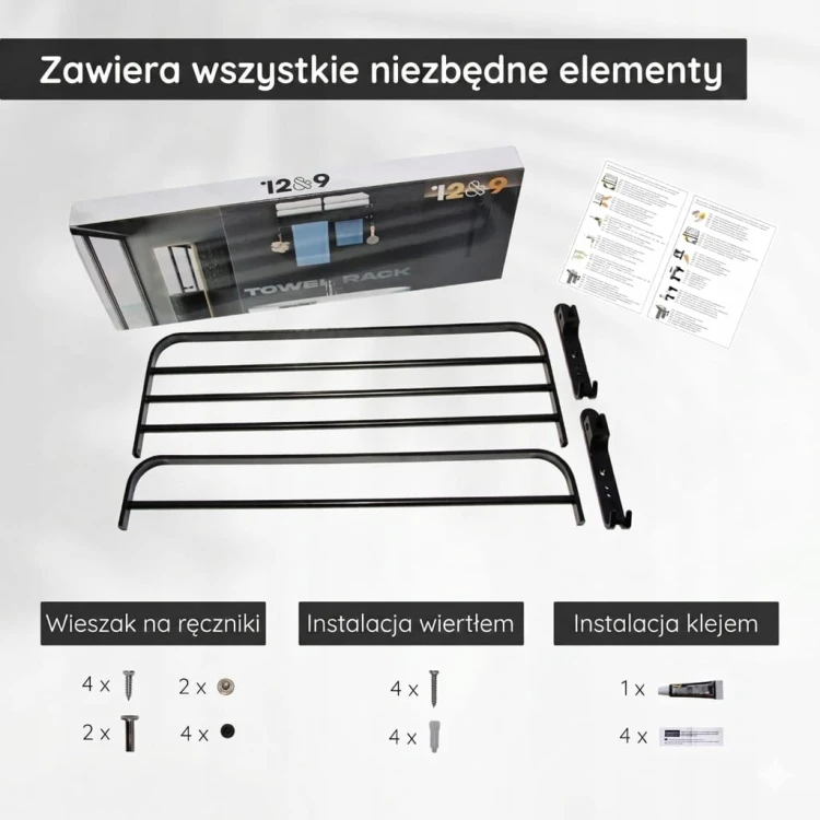 WIESZAK NA RĘCZNIKI ŁAZIENKOWY Z PÓŁKĄ ŚCIENNY CZARNY 59cm, 60cm