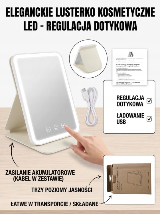 Lusterko kosmetyczne do makijażu LED akumulatorowe kieszonkowe dotykowe