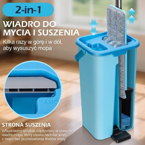 MOP PŁASKI Z WYCISKACZEM DO PODŁOGI DWUKOMOROWE WIADRO 2 WKŁADY CHŁONNE