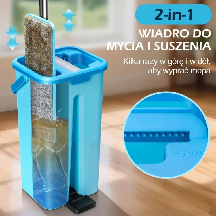 MOP PŁASKI Z WYCISKACZEM DO PODŁOGI DWUKOMOROWE WIADRO 2 WKŁADY CHŁONNE