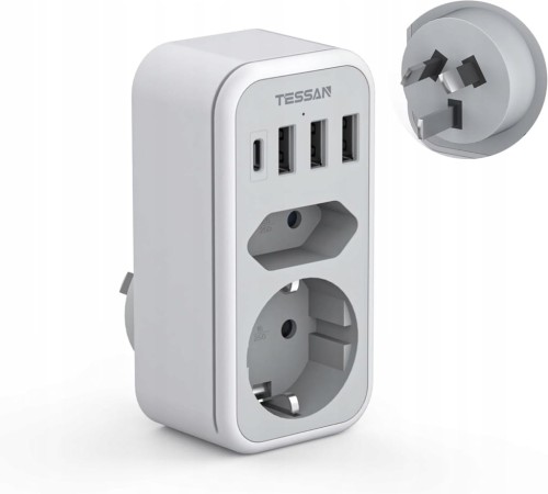 TESSAN Adapter Australia, 6 w 1 adapter Nowa Zelandia z 1 USB C i 3 USB A