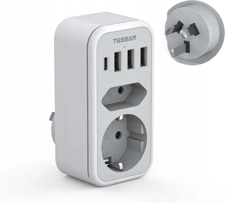 TESSAN Adapter Australia, 6 w 1 adapter Nowa Zelandia z 1 USB C i 3 USB A