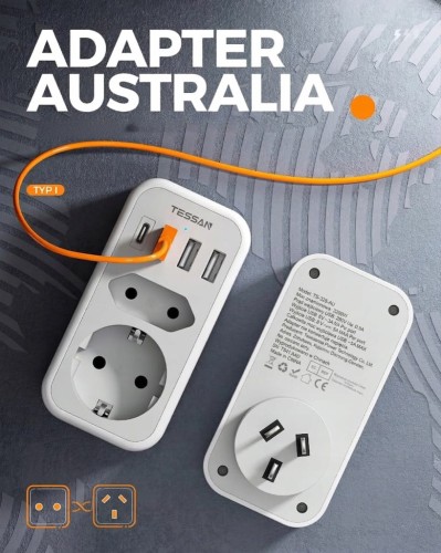 TESSAN Adapter Australia, 6 w 1 adapter Nowa Zelandia z 1 USB C i 3 USB A