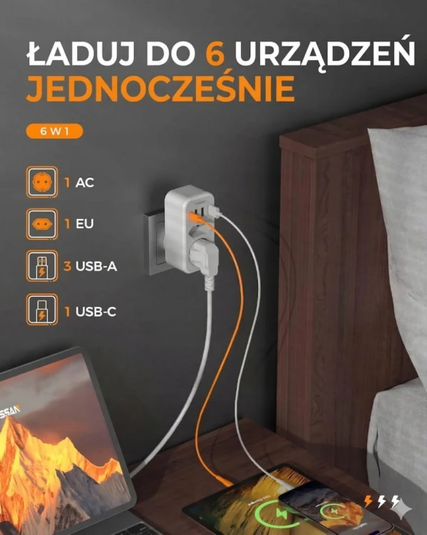 TESSAN Adapter Australia, 6 w 1 adapter Nowa Zelandia z 1 USB C i 3 USB A