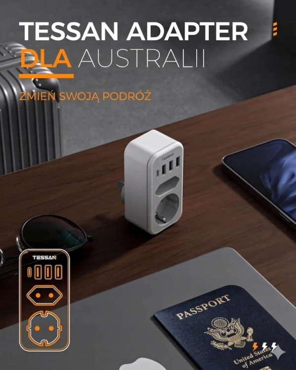TESSAN Adapter Australia, 6 w 1 adapter Nowa Zelandia z 1 USB C i 3 USB A
